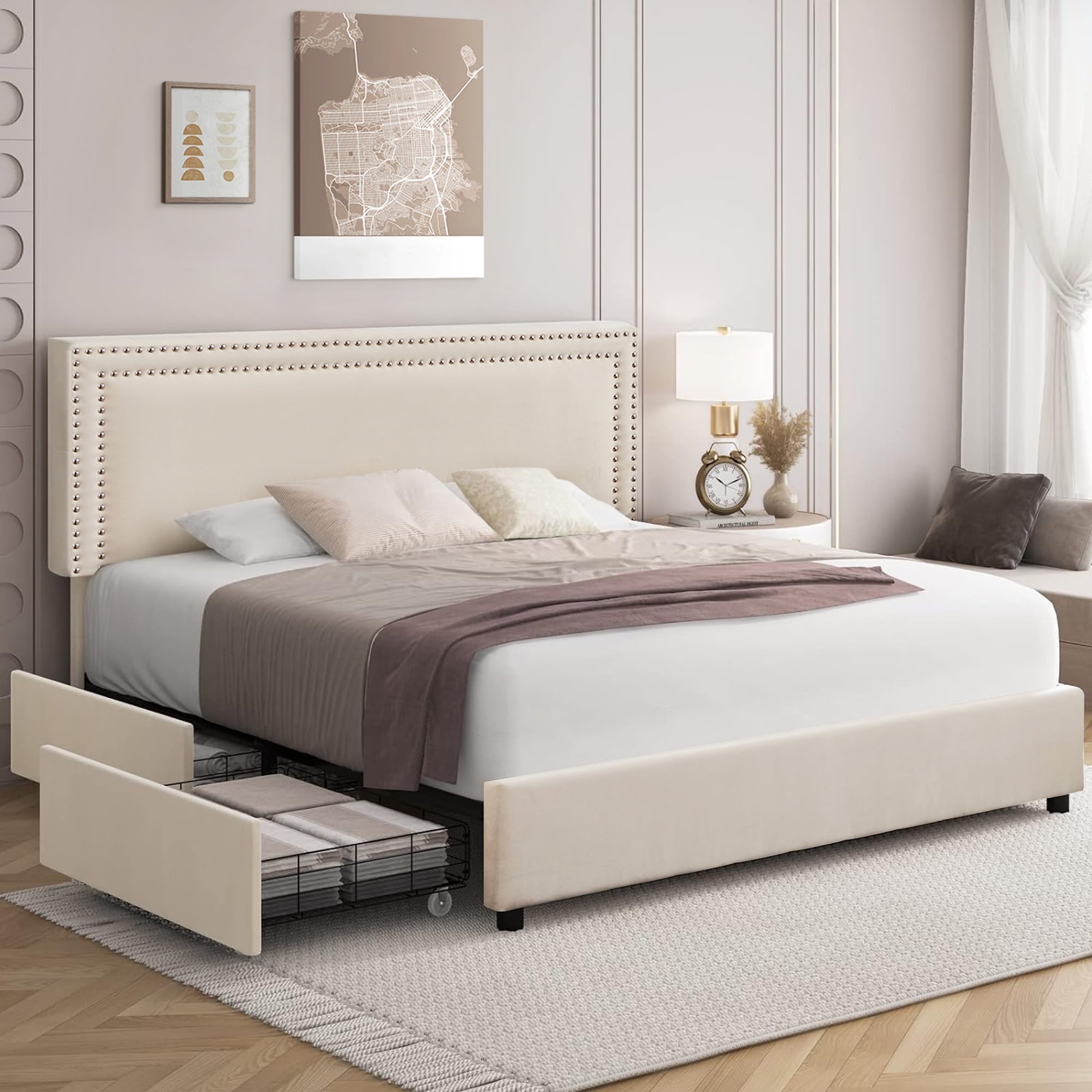 VECELO Full Size Bed Frame with 4 Storage Drawers, Adjustable Headboard — free download