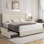 VECELO Full Bed Frame with 4 Storage Drawers (Wheeled) and Tufted Upholstered Adjustable Headboard Platform Bed, Beige