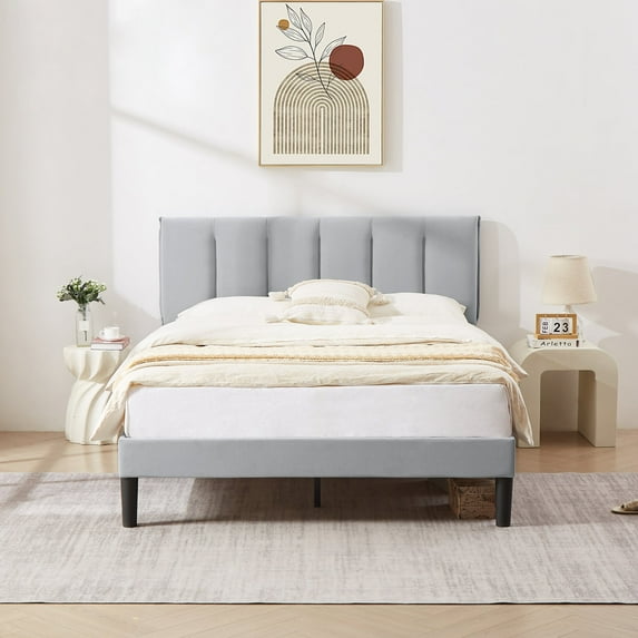 VECELO Full Bed Frame with Upholstered Headboard, Heavy-Duty Platform Bedframe with Strong Wooden Slats Support, No Boxing Spring Needed,Light Gray
