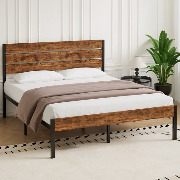 VECELO Full Bed Frame with Wooden Headboard, Rustic Industrial Platform Bed and Strong Metal Slats, No Box Spring Needed, Brown