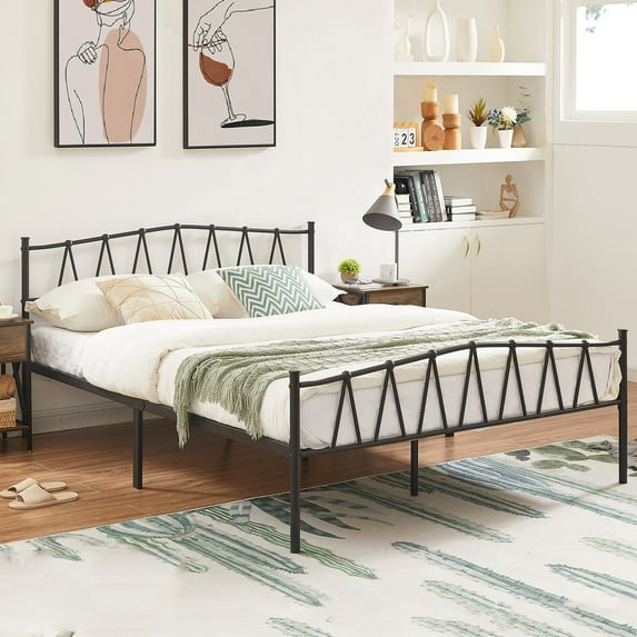 VECELO Full Metal Bed Frame, Heavy Duty Platform Bed with Victorian Style Headboard and Footboard, No Box Spring Needed, Black