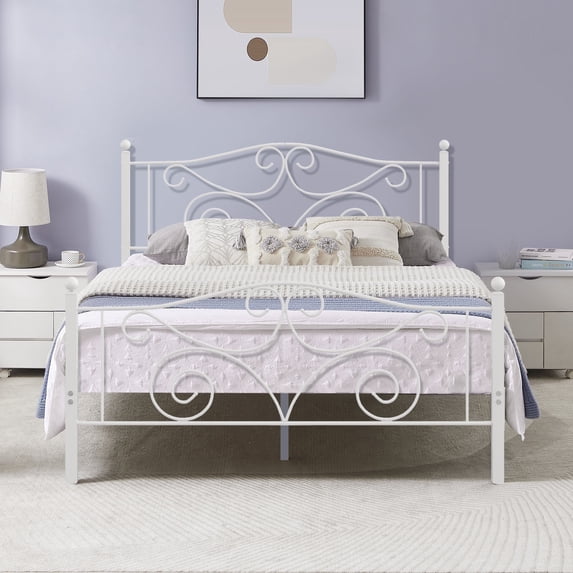 VECELO Full Metal Bed Frame with Headboard & Footboard, Box Spring Replacement, Heavy Duty & Quick Assembly, White