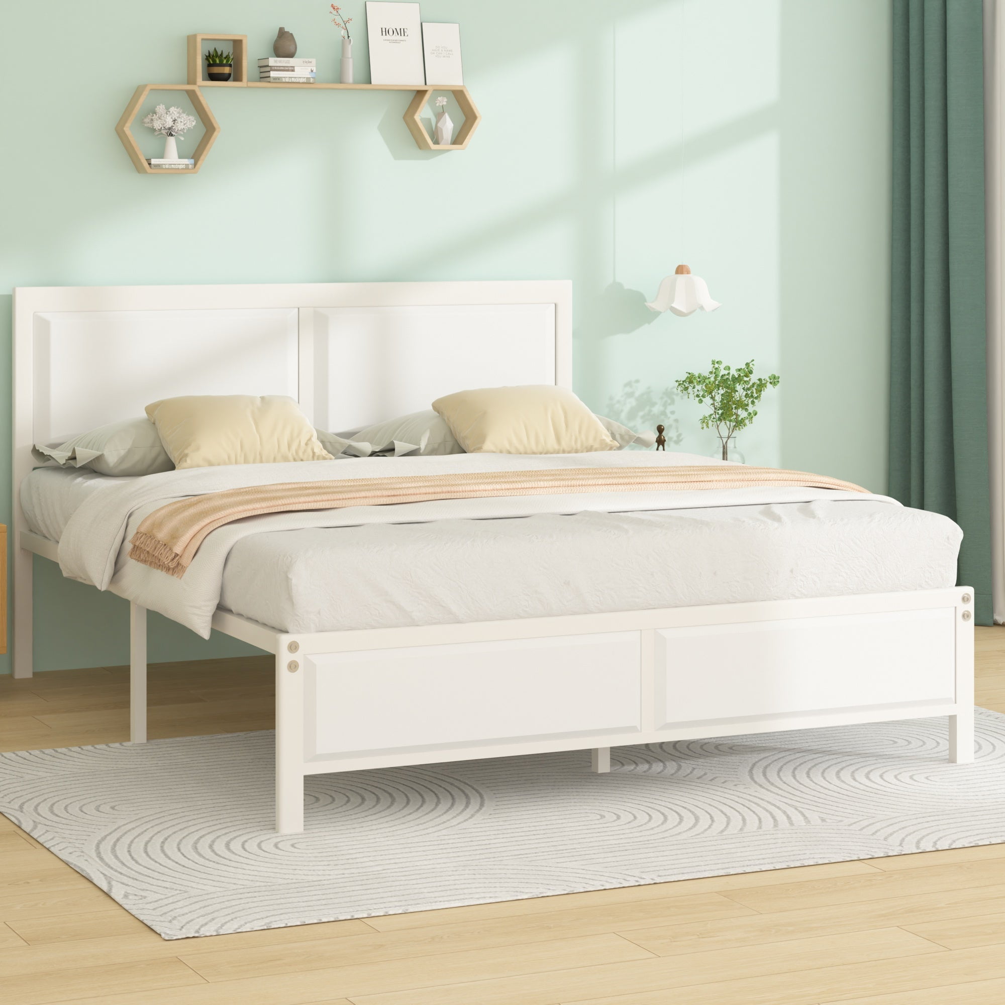 VECELO Full Metal Platform Bed Frame with Wooden Headboard, Heavy Duty Slat Support, No Box Spring Needed, White