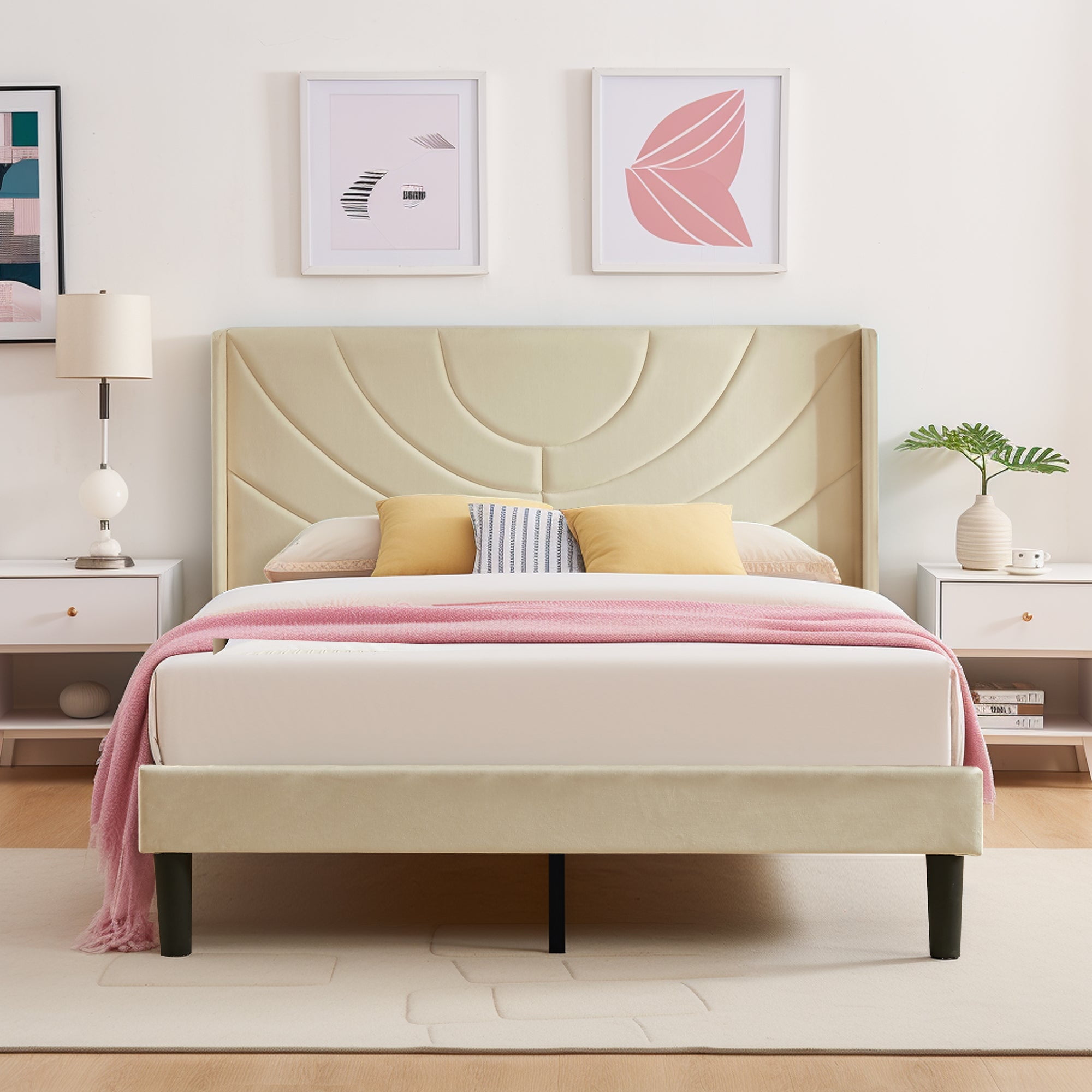 VECELO Full Platform Bed Frame with Upholstered Headboard, Strong Wooden Slats/No Box Spring Needed, Beige