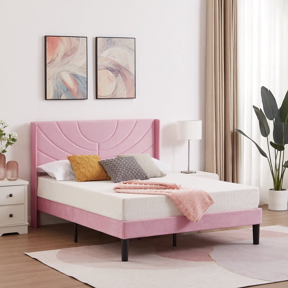 VECELO Full Platform Bed Frame with Upholstered Headboard, Strong Wooden Slats/No Box Spring Needed, Pink