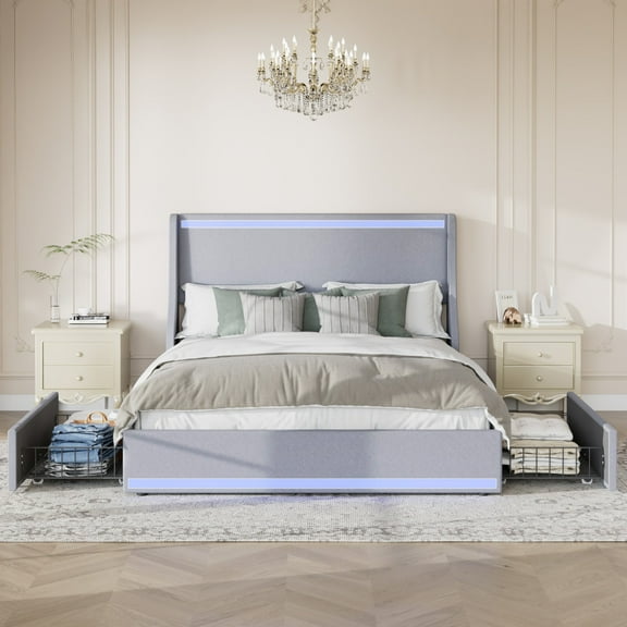 VECELO Full Size Bed Frame with 2 Drawers and LED Lights, Upholstered Platform Storage Bed with Charge Station, Wooden Slats Support, No Box Spring Needed, Gray