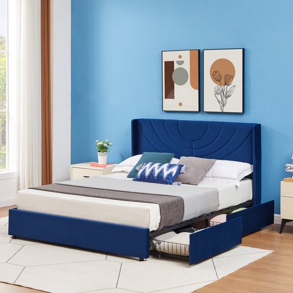 VECELO Full Size Bed Frame with 4 Storage Drawers and Headboard, Upholstered Platform Storage Bed, Wooden Slats Support, No Box Spring Needed, Dark Blue