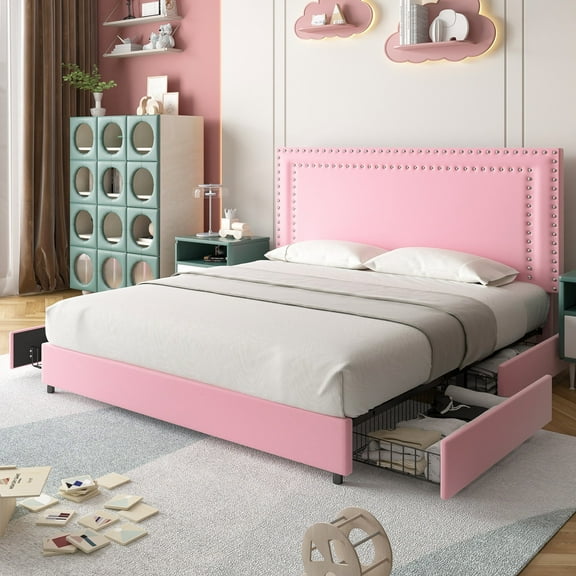 VECELO Full Size Storage Bed with 4 Drawers, Upholstered Platform Bed Frame with Adjustable Headboard, No Box Spring Needed, Pink