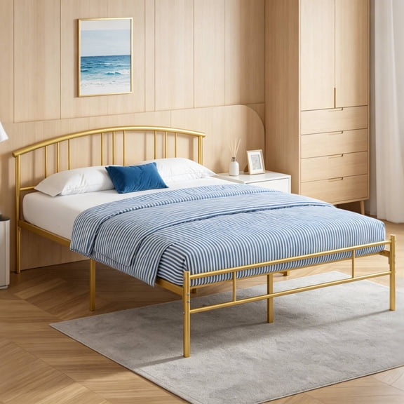 VECELO Full Size Bed Frame with Arched Headboard, Metal Platform Bed Frame with Underbed Storage Space, Heavy Duty Slats, No Box Spring Needed, Easy Assembly, Gold