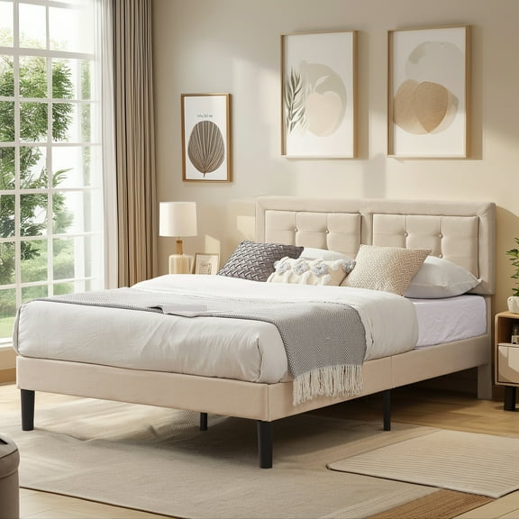 VECELO Full Size Bed Frame, Modern Platform Bed Frame with Adjustable Button Tufted Upholstered Headboard for Bedroom, No Box Spring Needed, Easy Assembly, Beige
