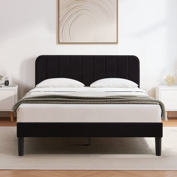 VECELO Full Size Bed Frame, Modern Upholstered Platform Bed Frame with Adjustable Headboard, Wooden Slats Support/No Box Spring Needed, Black