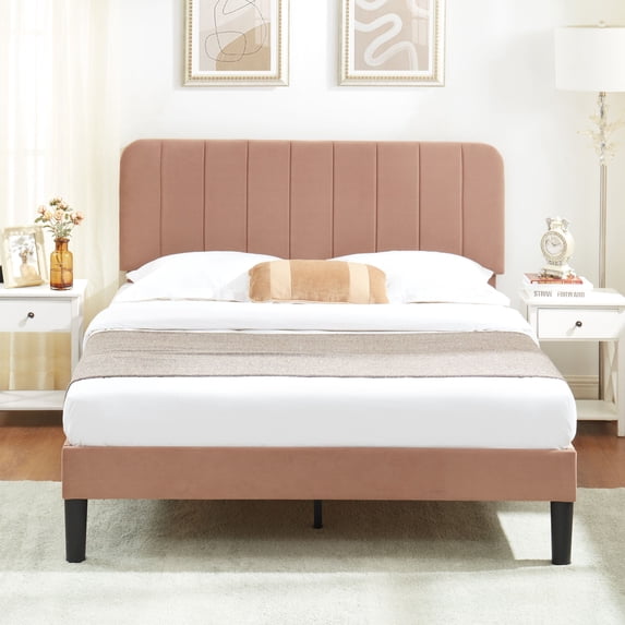 VECELO Full Size Bed Frame, Modern Upholstered Platform Bed Frame with Adjustable Headboard, Wooden Slats Support/No Box Spring Needed, Coffee