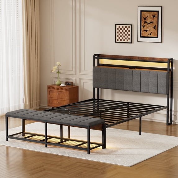 VECELO Full Size Bed Frame with Shoe Bench&Storage Headboard, Upholstered Platform with Charging Station and LED Lights, Mattress Foundation with Strong Slats Support, No Box Spring Needed, Grey
