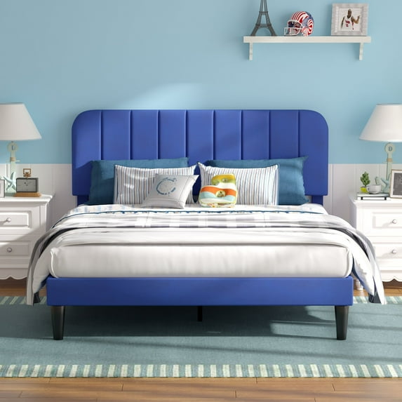 VECELO Full Size Bed Frame with Upholstered Headboard, Velvet Platform Bedframe Mattress Foundation, Strong Wood Slat Support, No Box Spring Needed,Velvet Beige