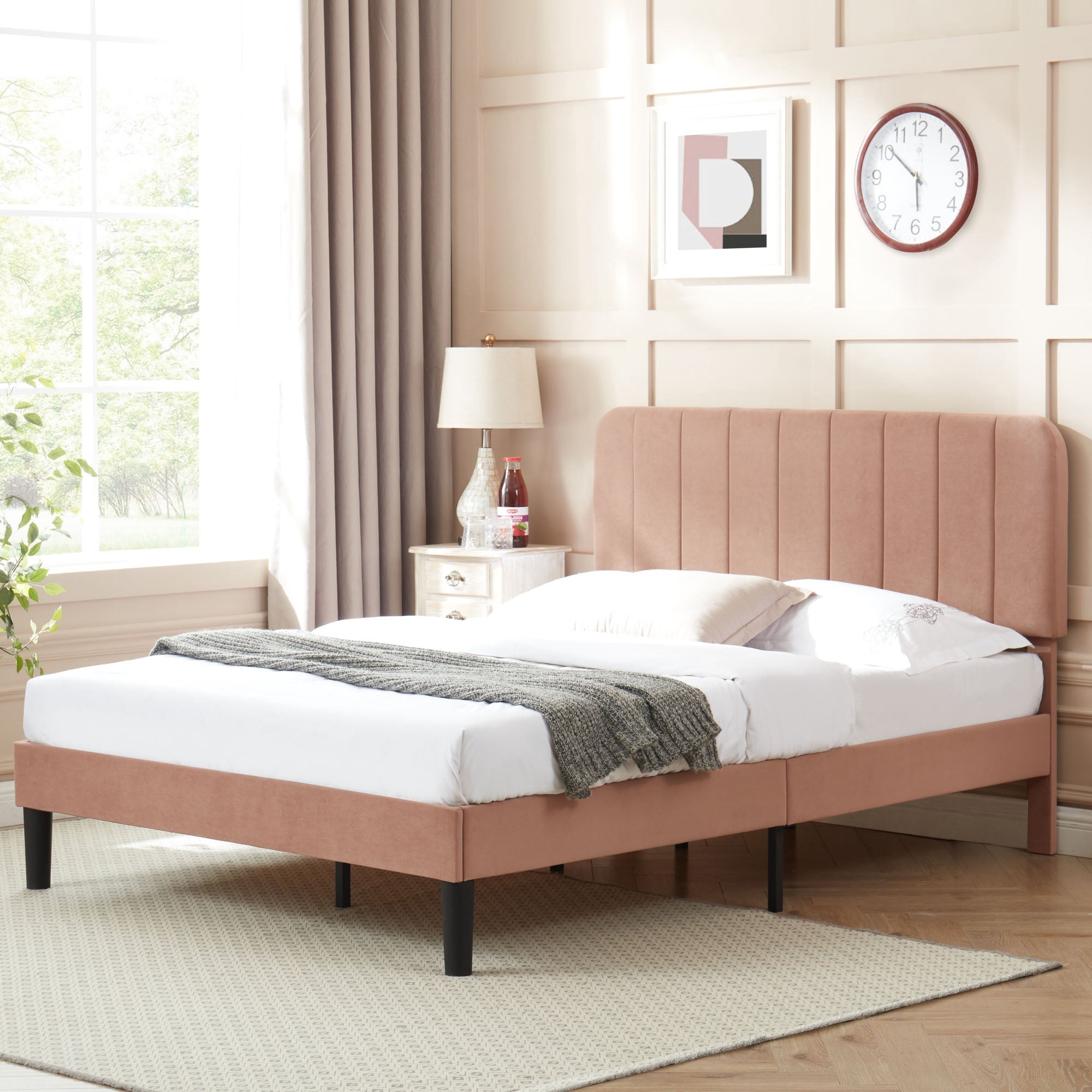 VECELO Full Size Bed Frame with Upholstered Headboard, Velvet Platform Bedframe Mattress Foundation, Strong Wood Slat Support, No Box Spring Needed,Velvet Coffee