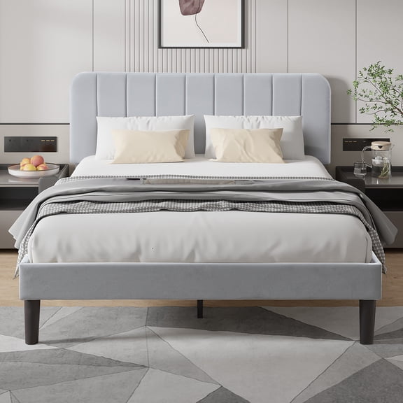 VECELO Full Size Bed Frame with Upholstered Headboard, Velvet Platform Bedframe Mattress Foundation, Strong Wood Slat Support, No Box Spring Needed,Velvet Dark Grey
