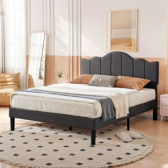 VECELO Full Size Bed Frame, Upholstered Platform Bed with Adjustable Headboard, Wooden Slats Support, No Box Spring Needed, Easy Assembly, Eco Friendly Packaging, Dark Gray