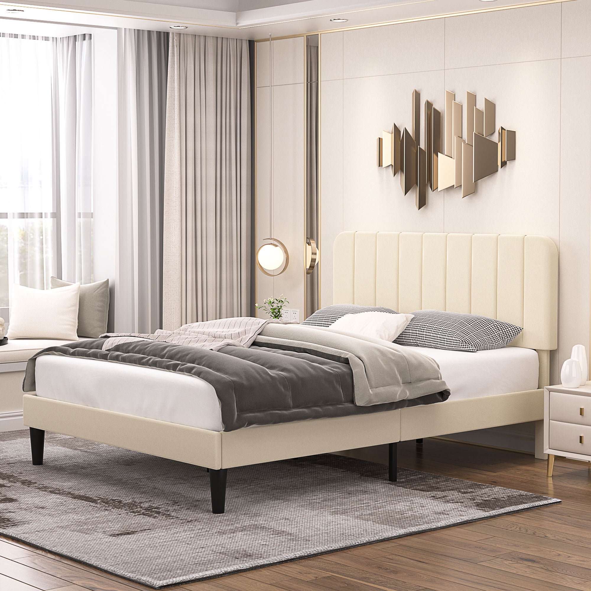 VECELO Full Size Bed Frame, Upholstered Platform Bed Frame with Adjustable Headboard, No Box Spring Needed, Easy Assembly, Beige