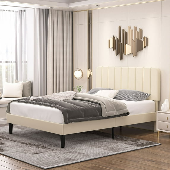 VECELO Full Size Bed Frame, Upholstered Platform Bed Frame with Adjustable Headboard, No Box Spring Needed, Easy Assembly, Beige
