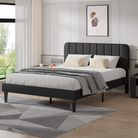 VECELO Full Size Bed Frame, Upholstered Platform Bed Frame with Adjustable Headboard, No Box Spring Needed, Easy Assembly, Black
