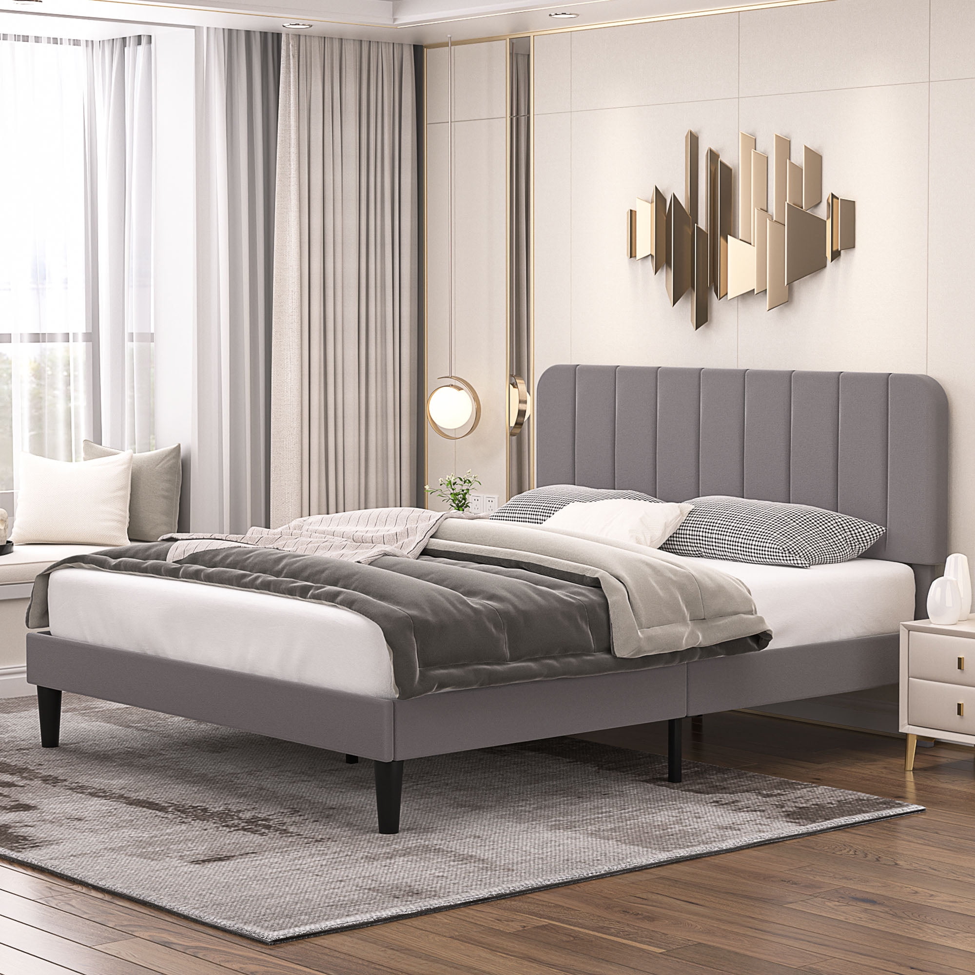 VECELO Full Size Bed Frame, Upholstered Platform Bed Frame with Adjustable Headboard, No Box Spring Needed, Easy Assembly, Dark Gray