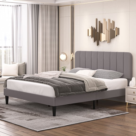 VECELO Full Size Bed Frame, Upholstered Platform Bed Frame with Adjustable Headboard, No Box Spring Needed, Easy Assembly, Dark Gray