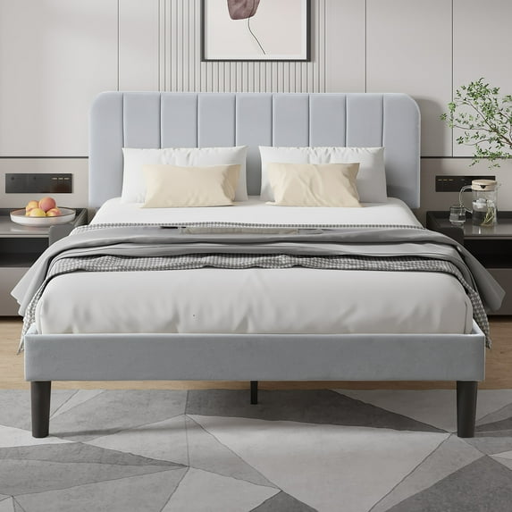 VECELO Full Size Bed Frame, Upholstered Platform Bed Frame with Adjustable Headboard, No Box Spring Needed, Easy Assembly, Light Gray
