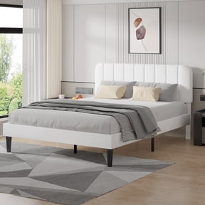 VECELO Full Size Bed Frame, Upholstered Platform Bed Frame with Adjustable Headboard, No Box Spring Needed, Easy Assembly, White
