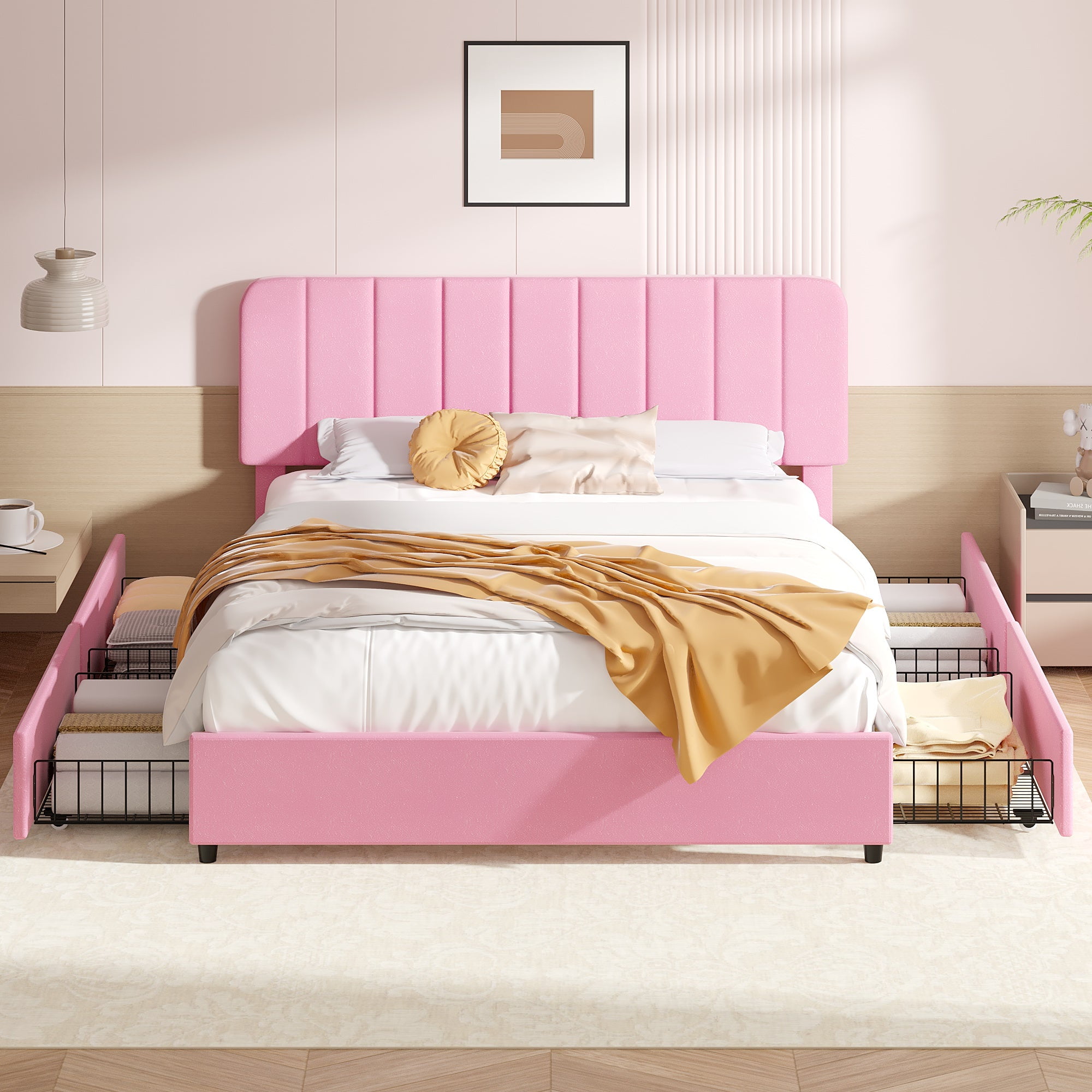 VECELO Full Size Bed Frame with 4 Storage Drawers, Modern Upholstered Platform Bed Frame with Adjustable Headboard, No Box Spring Needed, Pink