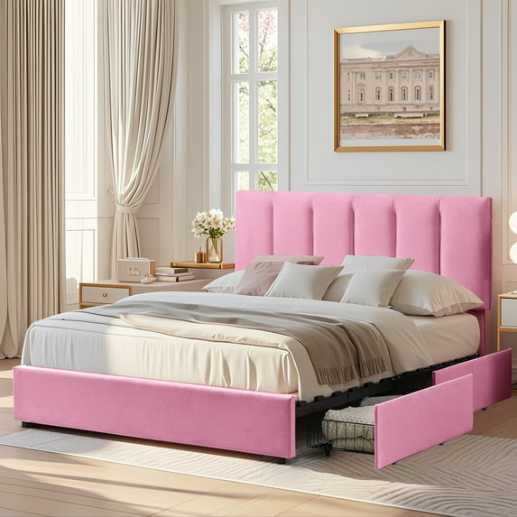 VECELO Full Size Bed Frame with 4 Storage Drawers, Upholstered Platform Bed Frame with Adjustable Headboard, Wood Slat Support/Easy Assembly, Pink