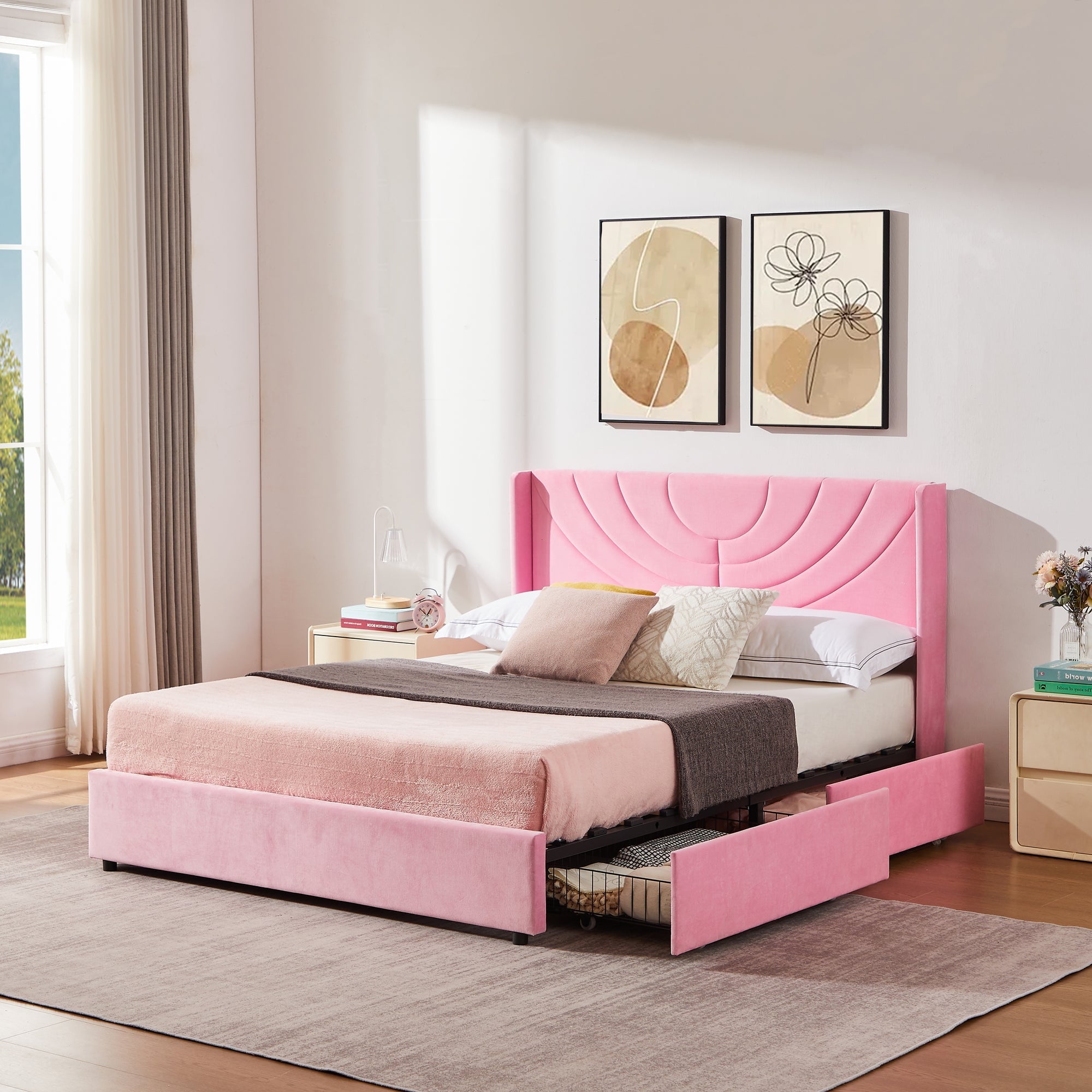 VECELO Full Size Bed Frame with 4 Storage Drawers and Headboard ...