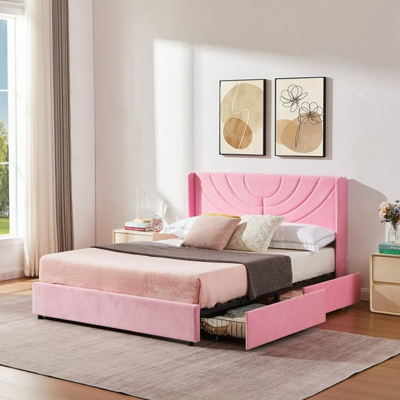 VECELO Full Size Bed Frame with 4 Storage Drawers and Headboard, Upholstered Platform Storage Bed, Wooden Slats Support, No Box Spring Needed, Pink