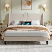 VECELO Full Size Bed Frame with Charging Station, Upholstered Platform Bed Frame with Wingback Headboard, No Box Spring Needed, Beige