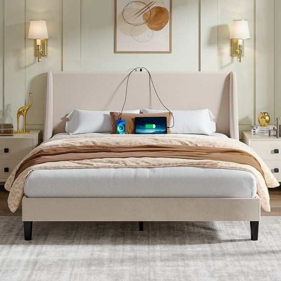VECELO Full Size Bed Frame with Charging Station, Upholstered Platform Bed Frame with Wingback Headboard, No Box Spring Needed, Beige