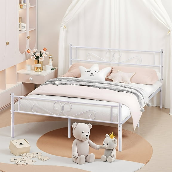 VECELO Full Size Bed Frame with Headboard, Metal Platform Bed Frame/Mattress Foundation, No Box Spring Needed, Easy Assembly, White