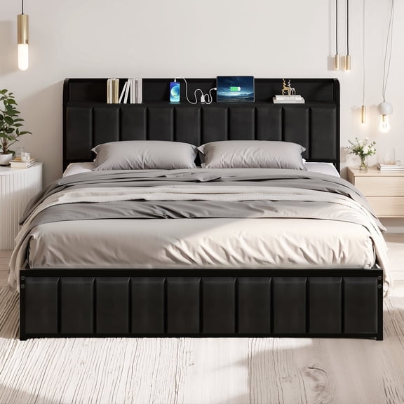 VECELO Full Size Bed, Metal Frame Platform Bed Frame, PU Leather Upholstered Headboard with Storage Charging Station, No Box Spring Needed, Sturdy for Bedroom, Black