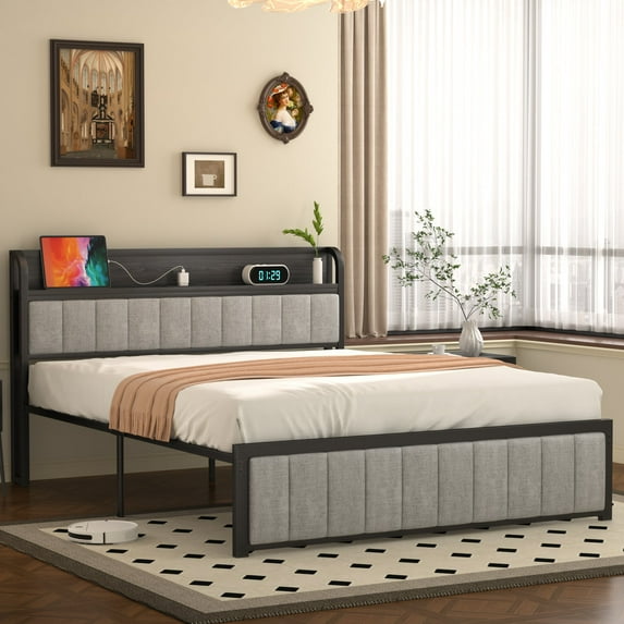 VECELO Full Size Bed, Metal Frame Platform Bed Frame, PU Leather Upholstered Headboard with Storage Charging Station, No Box Spring Needed, Sturdy for Bedroom, Grey