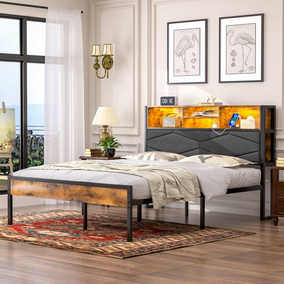 VECELO Full Size Bed with Bookcase Storage Headboard, Upholstered Bed with Power Outlets, Charging Station and LED Lights