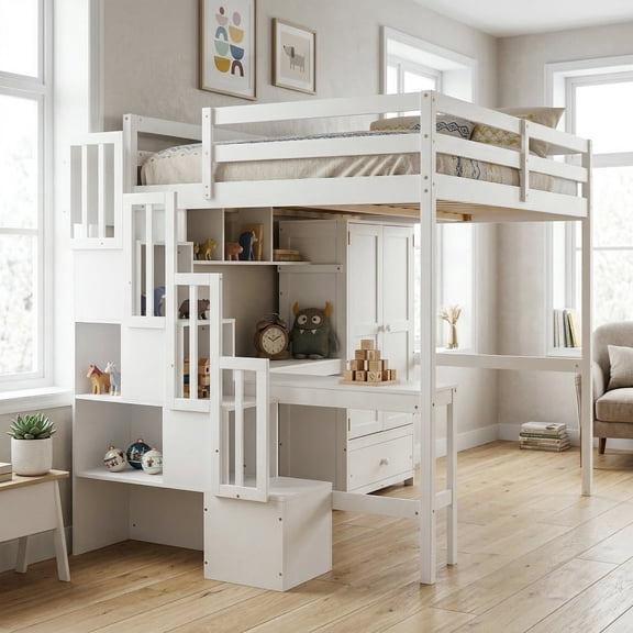 VECELO Full Size Loft Wood Bed with Desk, Bookcases and Wardrobe with Doors, Built-in Staircase with Storage Shelves, Loft Bed with Safety Guardrails and Solid Slats,White