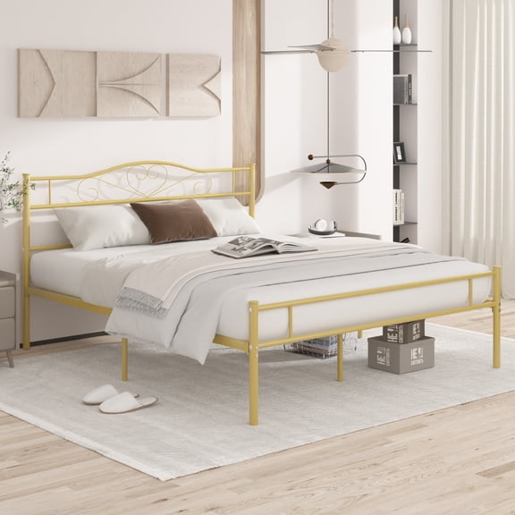 VECELO Full Bed Frame with Headboard and Footboard, Victorian Style Metal Platform Bed Frame, Heavy Duty/Metal Slats Support, No Box Spring Needed, Gold