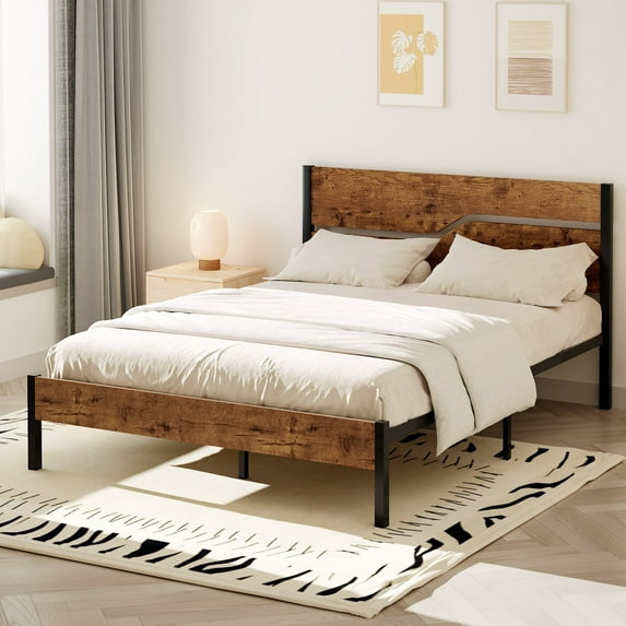 VECELO Full Size Metal Bed Frame with Wooden Headboard and Footboard, Brown