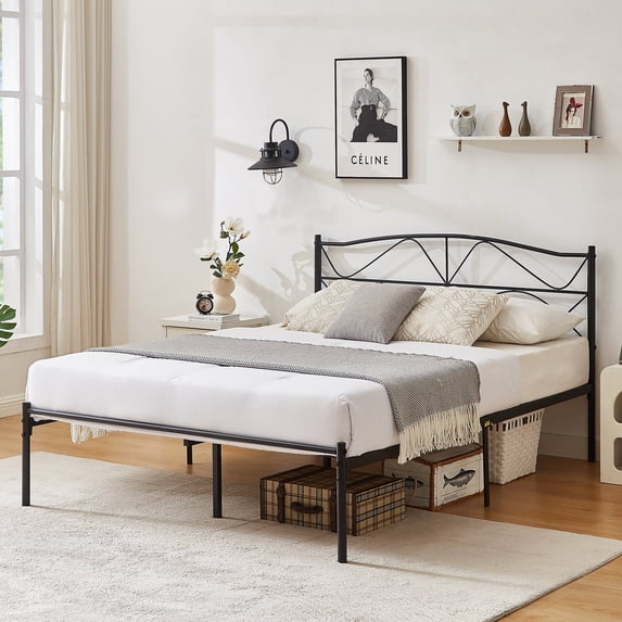 VECELO Full Size Metal Bed Frame with Headboard, Heavy Duty Steel Slat Support with Under-Bed Storage Platform Bed, No Box Spring Needed, Black