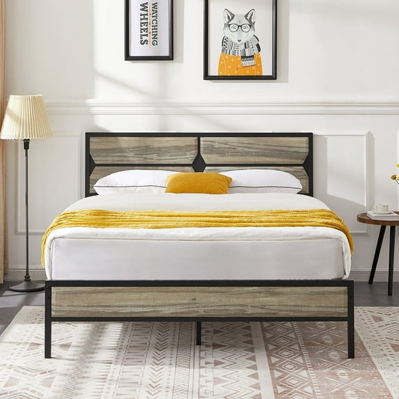 VECELO Full Size Metal Bed Frame with Wooden Headboard and Footboard, Heavy Duty Platform Metal Bed Frame, No Box Spring Needed, Slate