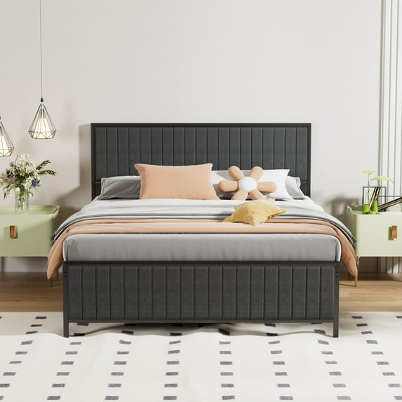 VECELO Full Size Metal Platform Bed Frame, Modern Upholstered Tufted Headboard and Footboard, No Box Spring Needed, Gray