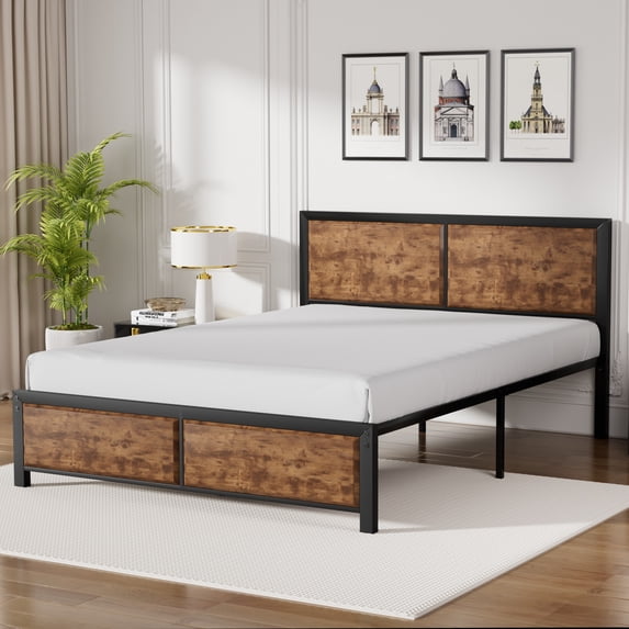 VECELO Full Size Metal Platform Bed Frame with Wooden Headboard and Footboard, Industrial Style Full Bed, No Box Spring Needed, Easy to Assemble, Rustic Brown