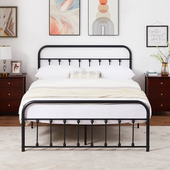 VECELO Full Size Metal Platform Bed Frame with Headboard and Footboard, No Box Spring Needed, Black
