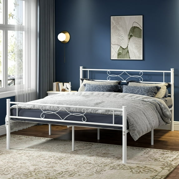 VECELO Full Size Metal Platform Bed Frame with Headboard and Footboard, Strong Steel Slat Support/No Box Spring Needed, Easy Assembly, White