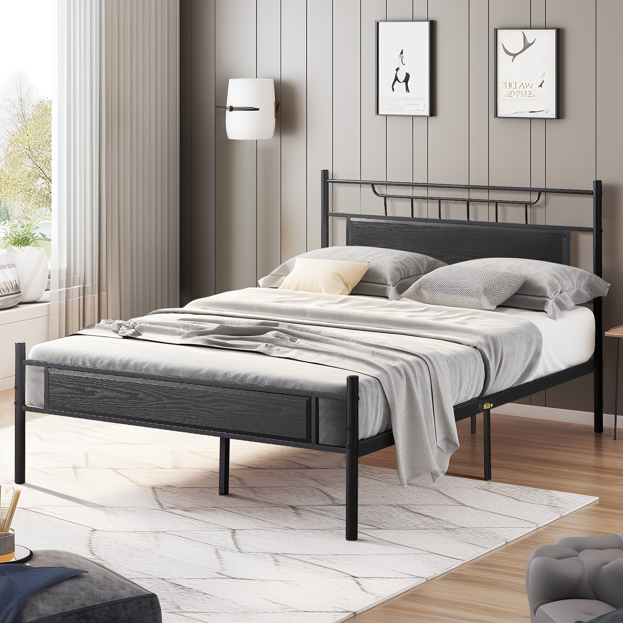 VECELO Full Size Metal Platform Bed Frame with Wood Headboard and ...