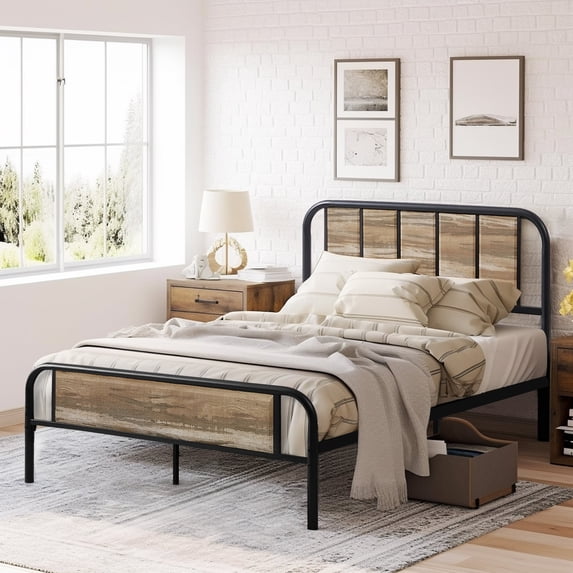 VECELO Full Size Metal Platform Bed Frame with Wooden Headboard, Heavy Duty Bed Frame, No Box Spring Needed/Noise-Free, Slate
