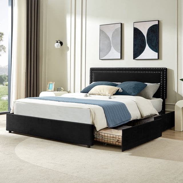 VECELO Full Size Platform Bed Frame with 4 Storage Drawers, Modern ...
